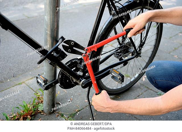 ILLUSTRATION - A man attempts to cut through a bike lock with bolt cutters in Munich, Germany, 14 September 2016 (staged scene)