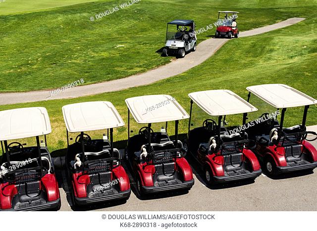 A row of golf carts at the Dunes golf course in Kamloops, BC, Canada