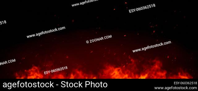 A wide fire with sparks background, 3D illustration