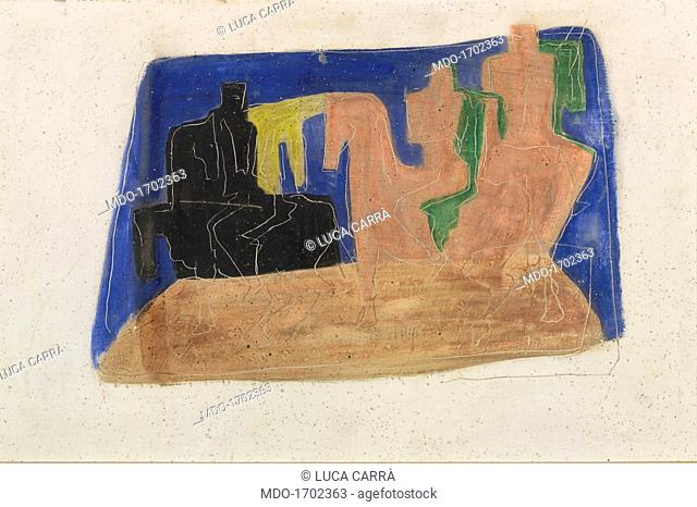 Horsemen (Uomini a cavallo), by Lucio Fontana, 1932, 20th Century, chalk graffiti and colorful gouache, 37 ? 47.5 cm. Italy, Lombardy, Milan