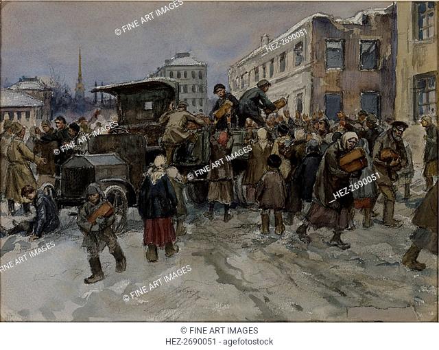 Hungry workmen in Petrograd robbing a military lorry of bread, 1920