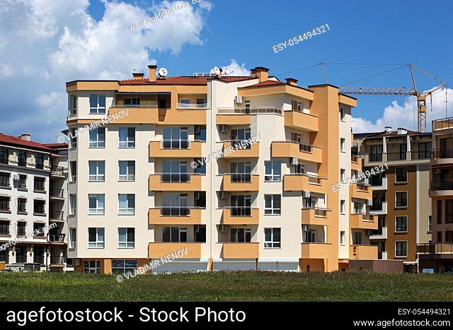 Pomorie, Bulgaria - May 01, 2020: Modern new building in an urban residential complex
