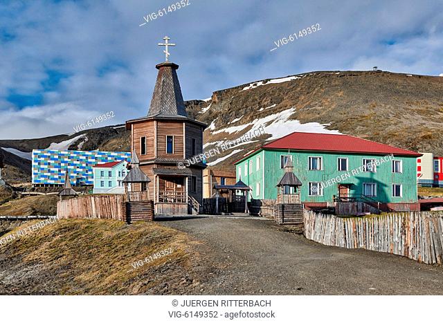 wooden Orthodox Church in russian mining town Barentsburg, Svalbard or Spitsbergen, Europe - Barentsburg, Svalbard, 26/06/2018