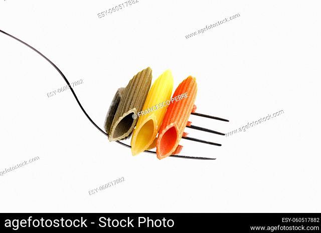 italian penne pasta on a fork , on white background