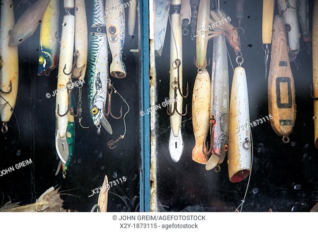 Hooks and lures in a fishing shack window, Menemsha, Chilmark, Martha's Vineyard, Massachusetts