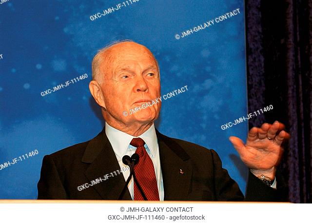 Former astronaut and U.S. Senator John H. Glenn Jr. (D.-Ohio, retired) compares early space flight to present day pursuits while addressing the crowd gathered...