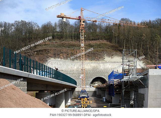 27 March 2019, Hessen, Sontra-Wichmannshausen: View of the tunnel construction site of the A44 in the Werra-Meißner district