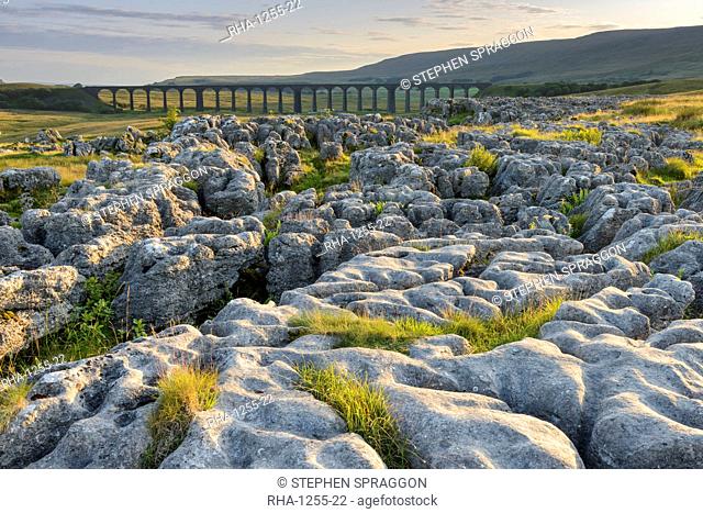 Limestone pavements and the Ribblehead Viaduct in the Yorkshire Dales, Yorkshire, England, United Kingdom, Europe