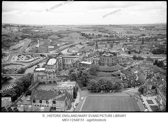 A general view of Durham, seen from the top of the Cathedral, showing Palace Green, Durham Castle, Market Place with St Nicholas' Church and the River Wear with...