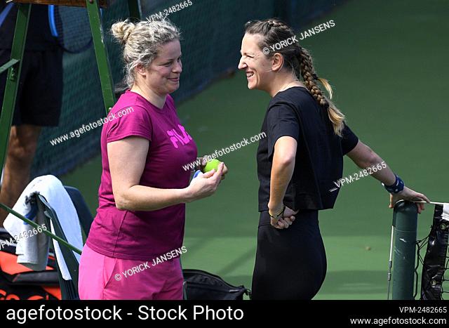 Belgian Kim Clijsters and Belorussian Victoria Azarenka pictured after a tennis session, part of preparations before the start of the 'WTA Monterrey' tennis...