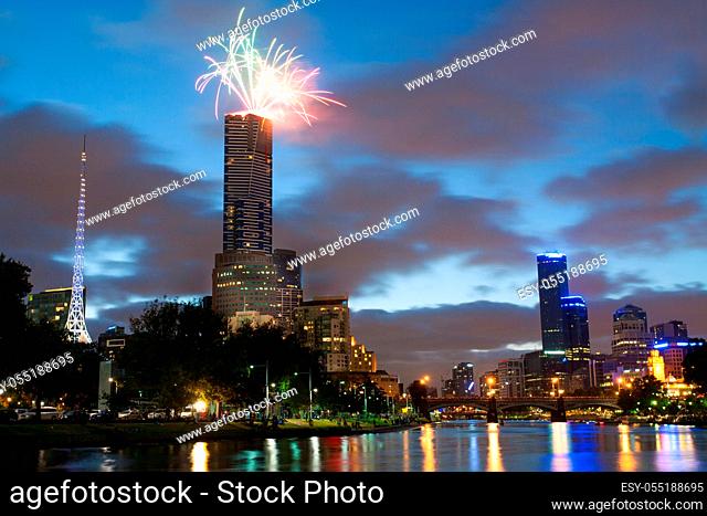 Eureka Tower fireworks on Australia Day in Melbourne, Victoria, Australia