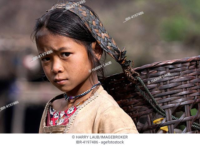 Local girl from the tribe of the Loi carrying a basket, portrait, mountain village Wan Sen, near Kyaing Tong, Golden Triangle, Myanmar