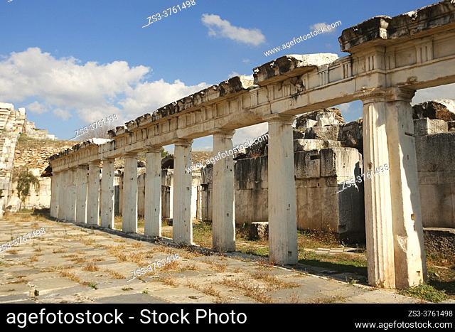 View to the columns and stones of the Theatre at Aphrodisias Archaeological Site, Geyre, Aydin Province, Asia Minor, Turkey, Europe