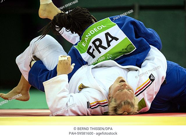 Germany's Jasmin Kuelbs (white) competes in the Women's +78kg Final with Emilie Andeol of France at the Baku 2015 European Games in Heydar Aliyev Arena in Baku