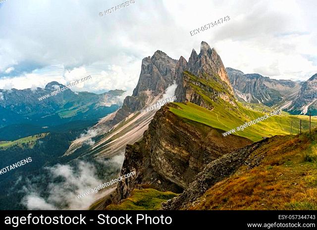 Amazing view Dolomites mountains from Seceda over Odle Puez Italy