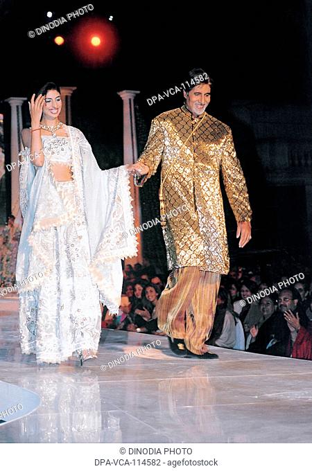 South Asian Indian actor Amitabh Bachchan with daughter Shwetaat a Abu Jani fashion Show ; Bombay Mumbai  ; Maharashtra ; India NO MR