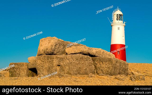 Portland Bill Lighthouse seen from the rocks near Pulpit Rock, Jurassic Coast, Dorset, UK, Jurassic Coast, Dorset, UK