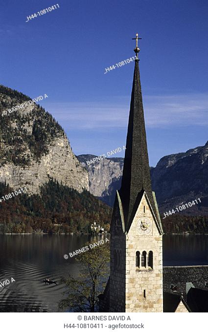 Alps, Austria, Europe, chamber, church, Hallstatt, Hallstattersee, lake, mountains, property, salt, steeple