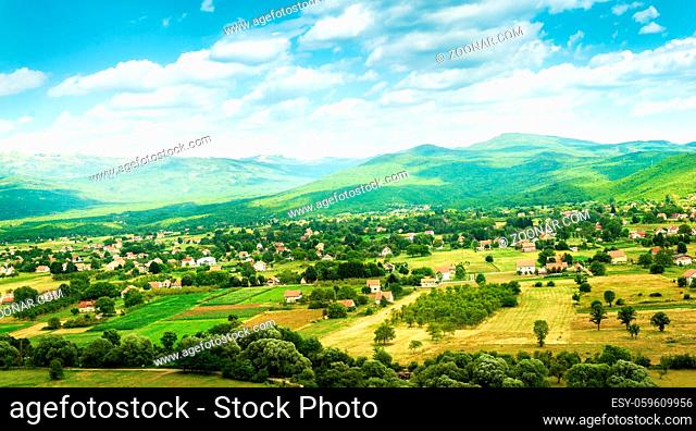Montenegrin village in mountains at summer morning