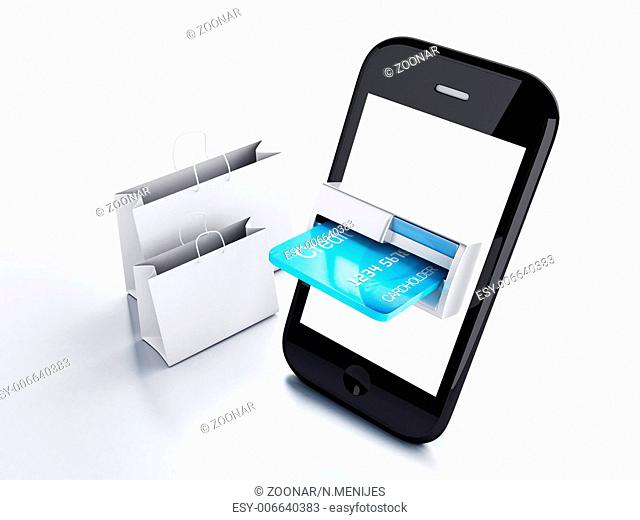mobile phone device with a shopping bag. online sh