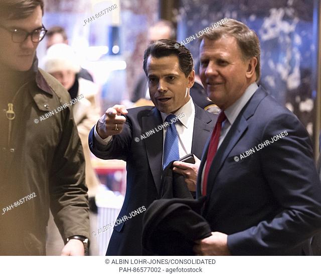 CNBC ""Squawk Box"" Co-anchor Joe Kernen and Trump campaign financial advisor Anthony Scaramucci are seen in the lobby of Trump Tower in New York, NY