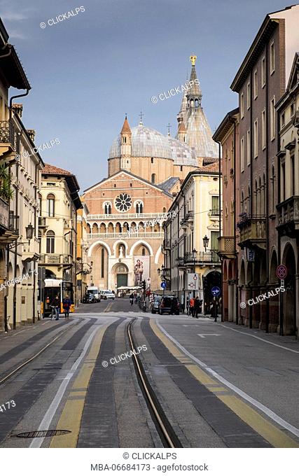 Padua, Veneto, North Italy, Europe. View of Basilica of Saint Anthony down the road