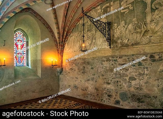 Malbork, Pomerania / Poland - 2019/08/24: Interior of the St. Anna Chapel with the historic gravestones in the High Castle part of the Medieval Teutonic Order...
