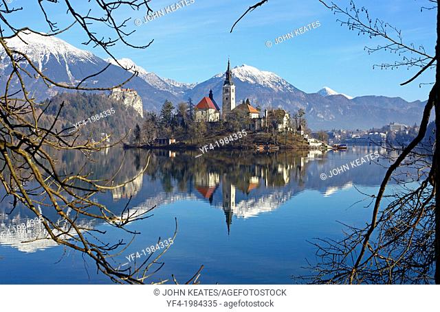Pilgrimage Church of the Assumption of Mary on Bled Island and Bled Castle Lake Bled Slovenia