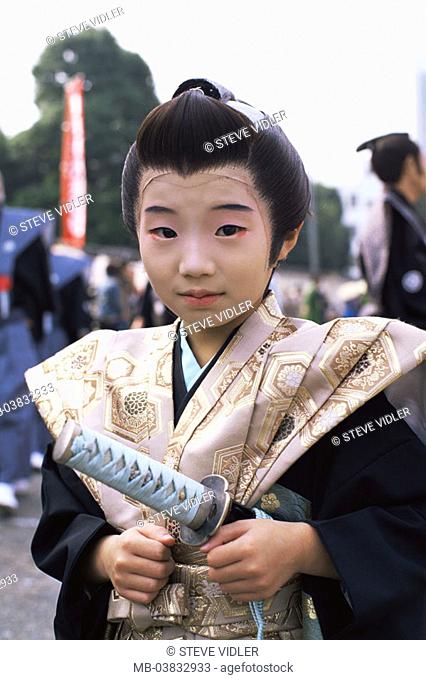 Japan, island Honshu, Tokyo, Sensoji, Temples, Jidai Matsuri festival, boy, Samurai-Kostüm, half portrait, , Series, Asia, Eastern Asia, island state