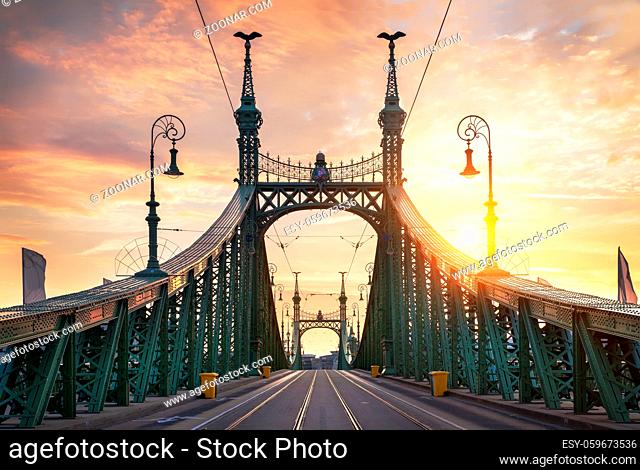 Front view of Liberty bridge in Budapest at sunrise