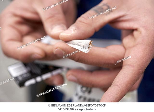 Hands rolling a cigarette, close up