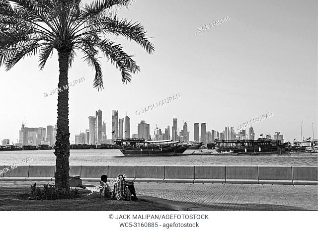 doha city skyline view in qatar in black and white