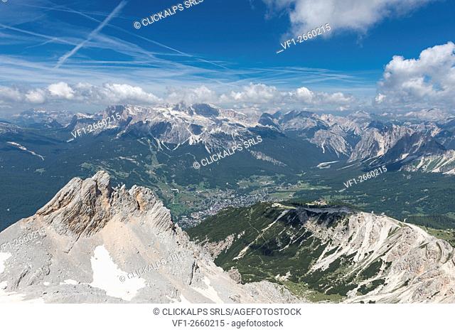 Sorapiss, Dolomites, Veneto, Italy. The city of Cortina d'Ampezzo
