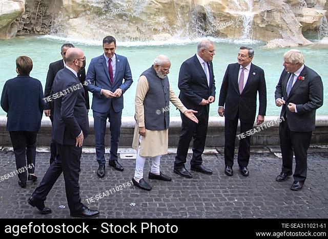 Narenda Modi, Scott Morrison, Pedro Sanchez, Boris Johnson, Charles Michel during a photo opportunity of the leaders of the G20 summit at Trevi Fountain, Rome
