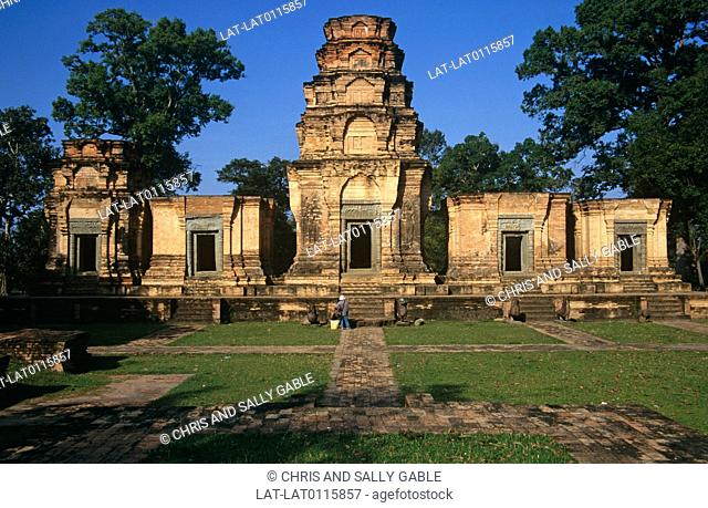 Prasat Kravan temple at Angkor has been reconstructred in the 20th century. It has five tiers of brick in the central tower and is in early Angkorean style