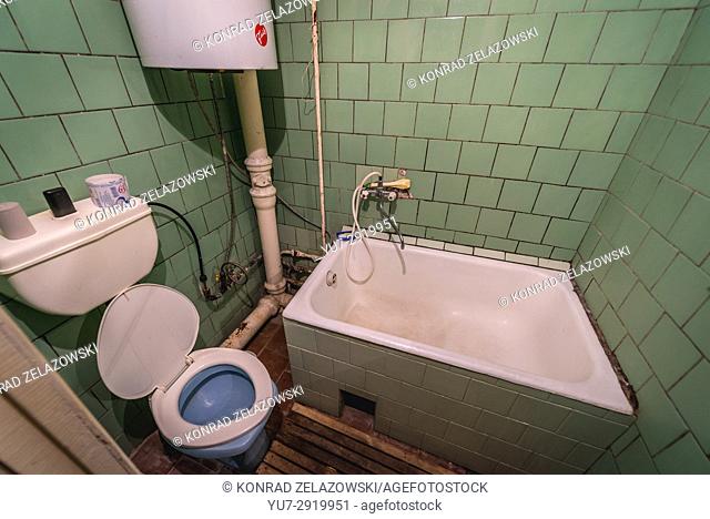 Bathroom of hotel room in Chernobyl town, Chernobyl Nuclear Power Plant Zone of Alienation around the nuclear reactor disaster in Ukraine
