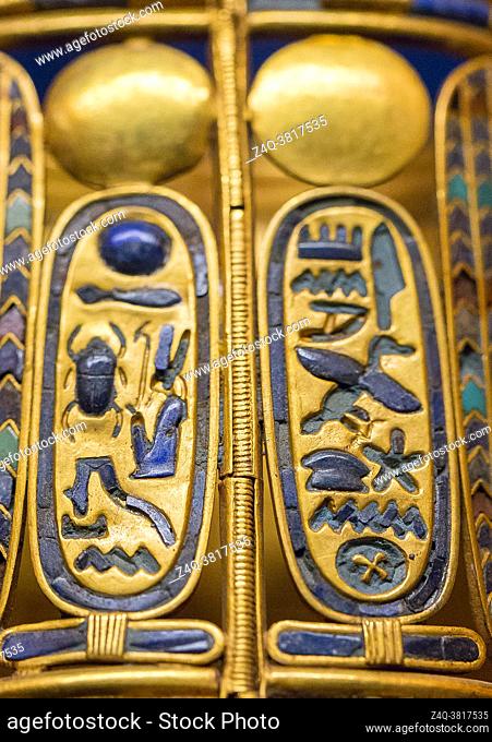Egypt, Cairo, Egyptian Museum, jewellery found in the royal necropolis of Tanis, burial of the king Psusennes I : One of the two bracelets showing cartouches of...