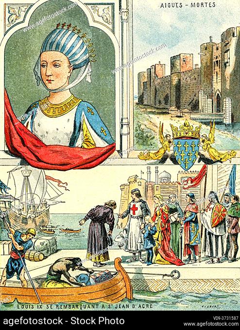 Old color lithography portrait of Margaret of Provence. Marguerite de Provence, Margarete von der Provence (1221-1295) Queen of France as the wife of King Louis...
