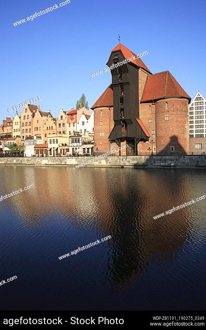 Poland, Gdansk, Gdansk Crane & Stara Motlawa River