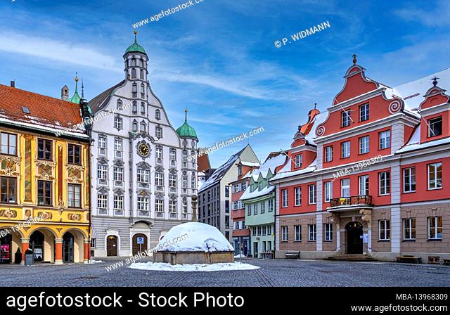Memmingen town hall from 1589, Renaissance, right house of the great guild, left wheelhouse, Memmingen, Swabia, Bavaria, Germany, Europe