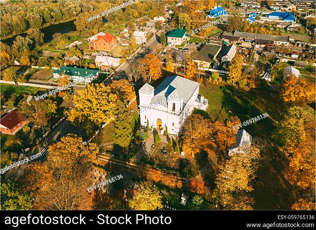 Kobryn, Brest Region, Belarus. Cityscape Skyline In Autumn Sunny Day. Bird's-eye View Of Church of the Dormition. Famous Historic Landmark