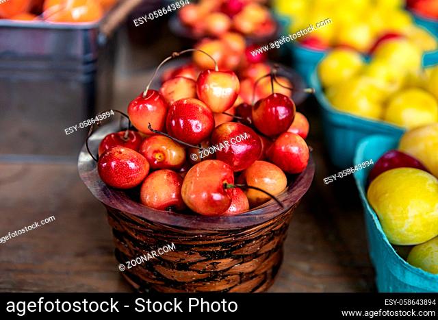 Close up from above of a wooden basket with beautiful, shiny white cherries. Local fresh fruit on sale at the food market. Organic and natural farming