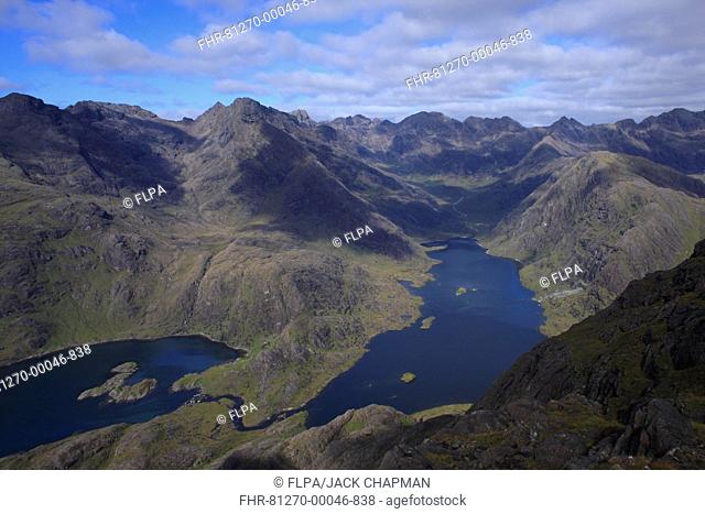 View of upland landscape with loch, Loch Coruisk, Black Cuillin Mountains, Isle of Skye, Inner Hebrides, Scotland, august