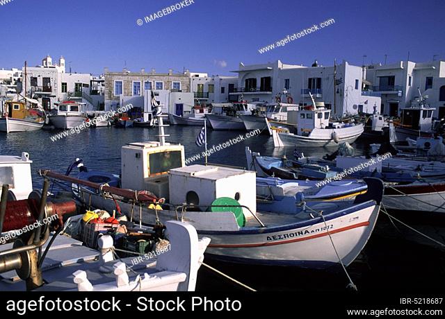 Fishing boats in the old fishing harbour of Naoussa, Paros, Cyclades, Greece, Fishing boats in the old fishing harbour of Naoussa, Paros, Cyclades, Greece