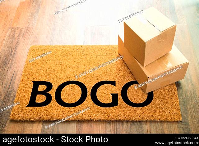 BOGO Welcome Mat On Wood Floor With Shipment of Boxes