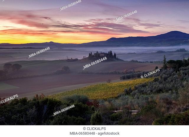 Dawn at the famous Podere Belvedere, symbol of Val d'Orcia, San Quirico d'Orcia, Tuscany, Italy