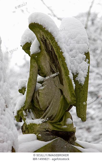 Engel, tomb, cemetery statue, covered with snow in winter