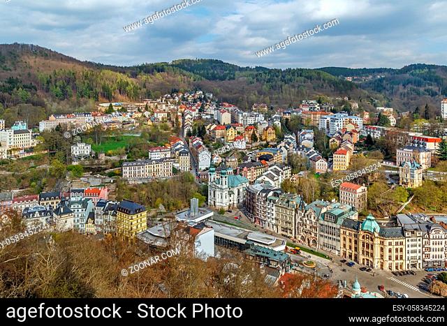 View of Karlovy Vary city center from hill, Czech republic