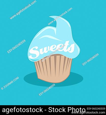 Sweet cartoon cupcake on a turquoise background, vector illustration