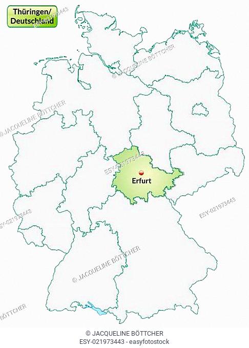 Karte von Thueringen mit Hauptstädten in Pastellgrün